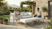 Garden Daybed, 6pcs Outdoor Sectional Sofa Set, Aluminium Patio Conversation Furniture Set with Coffee Table, Footstool and Cushions, Cream White