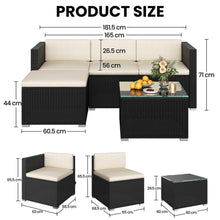 Costoffs Garden Furniture Set, 5pcs Rattan Patio Furniture Set, PE Rattan 3 Sectional Sofas & 1 Stool& 1 Coffee Table Set, Tempered Glass Side Table, All Weather Garden Lounge Set with Cushions, Black/Gray, Black/Beige