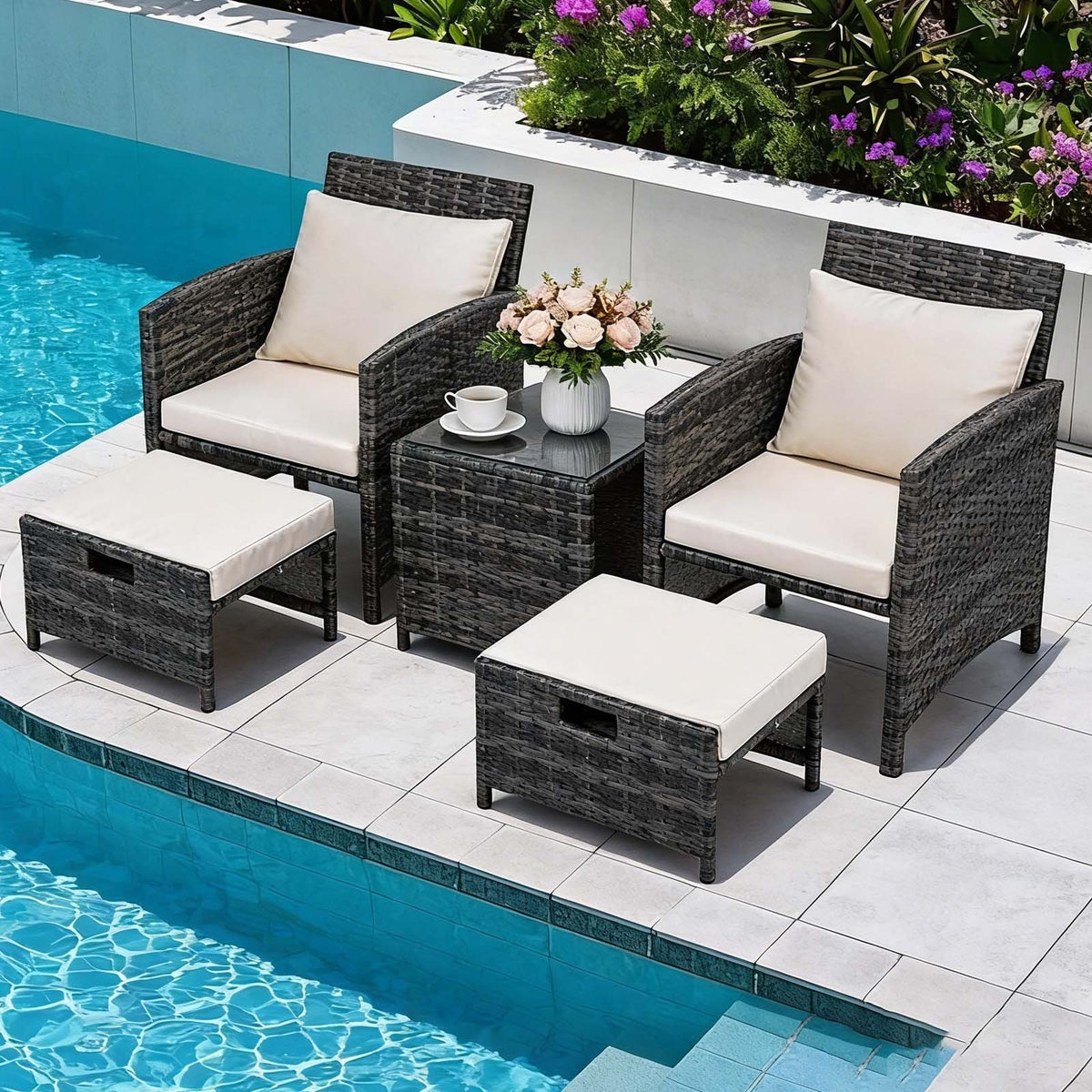 2 Seater Rattan Garden Sofa Set with 2 Armchairs, 2 Ottomans & Storage Coffee Table, Outdoor Patio Conversation Furniture, PE Wicker Chairs for Balcony