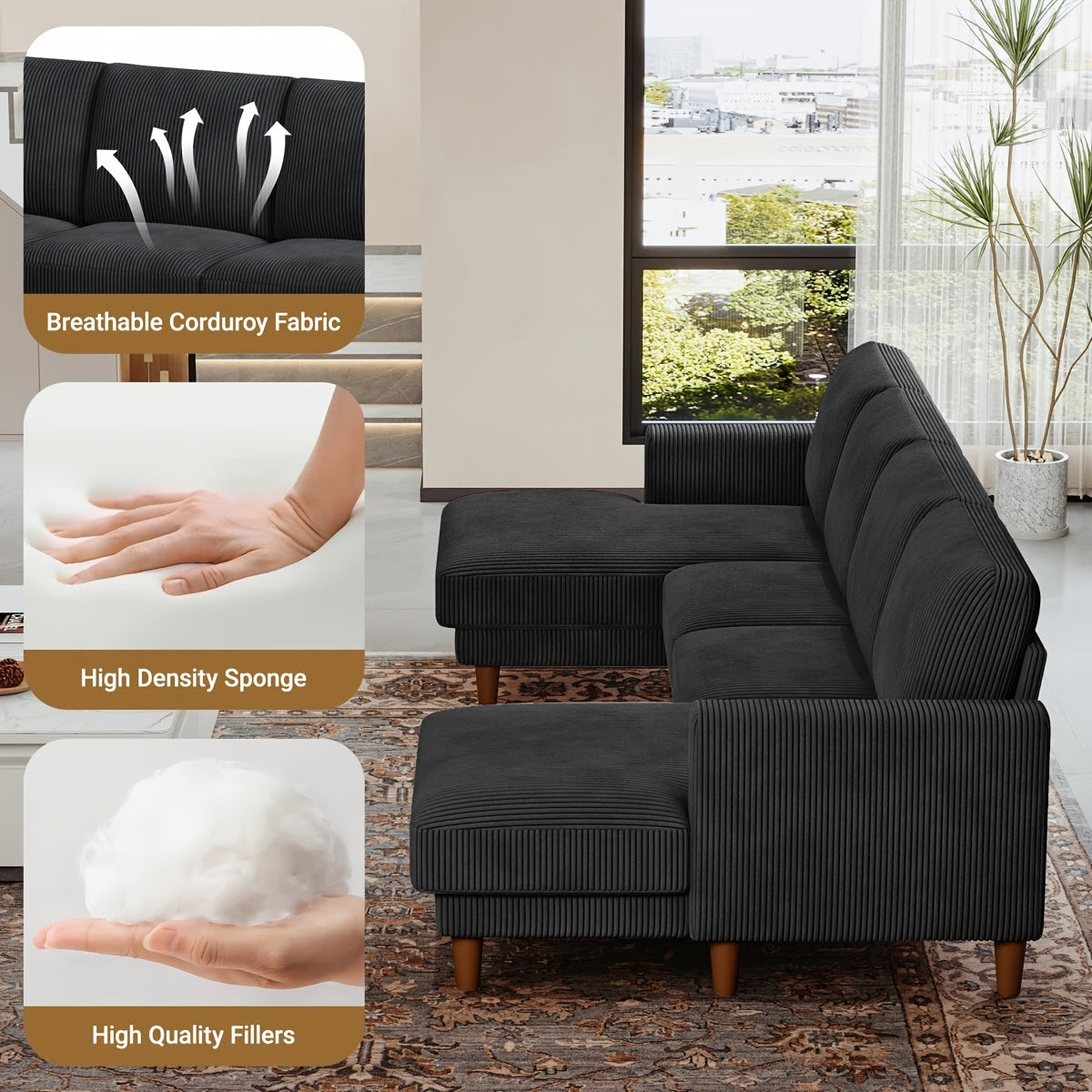 269cm U-Shaped Corduroy Sectional Sofa, Extra Deep Seat Chaise Lounge Couch, Easy Assembly Large Living Room Sofa