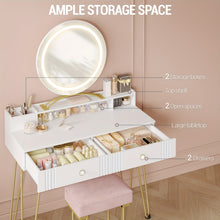 Dressing Table Set with LED Lights Mirror, Adjustable Brightness, Vanity Desk with Pink Stool, Makeup Vanity Table with 2 Drawers, 2 Open Storage Areas, 2 Compartments, White Golden, Bedroom Furniture, Beauty Station, Modern Vanity, Stylish Dressing