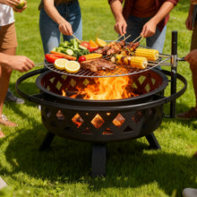 76cm Outdoor Fire Pit With Grill, Steel Fire Bowl for BBQ Camping Picnic, Garden Patio Heater Charcoal Log Wood Burner