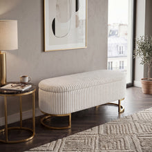 Upholstered Storage Bench with Flip Lid, Corduroy Fabric Padded Ottoman Footrest, Oval-shaped Bedroom End of Bed Bench Stool Footstool, Light Luxury Golden Metal Legs, Perfect for Bedroom, Hallway, Living Room (1pc )