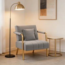 Costoffs Accent Chair 75.5cm Wide Velvet Upholstered Accent Bedroom Chair with Gold Metal Frame & Cosy Pillow, Modern Design, Ideal 1-Seater Leisure Armchair for Living Room, Bedroom, Office, Studio, Light Grey/Pink/Beige