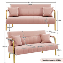 Costoffs Sofa Couch Modern Velvet Sofa Couch, 143cm Small Loveseat with Gold-tone Metal Arms & Legs, Upholstered Design, Includes 2 Pillows, Ideal for Bedroom, Home Office, Studio, Small Spaces, Light Grey/Green/Beige/Black/Pink