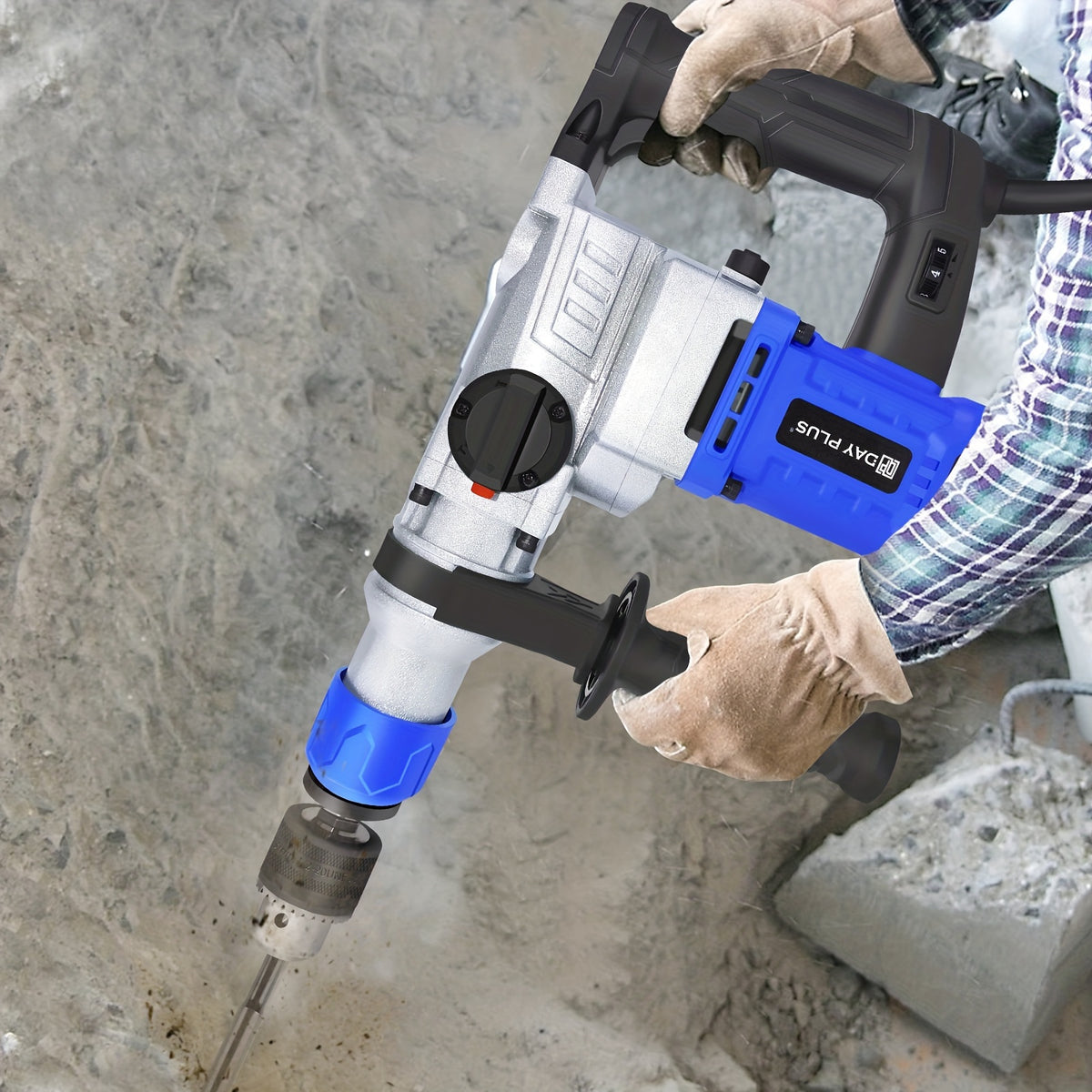 1500W Heavy Duty Rotary Hammer Drill, 3 Function, 4 Adjustable Speed And Adjustable Soft Grip Handle, Include 5 Drill Bits, Point And Flat Chisel with Case