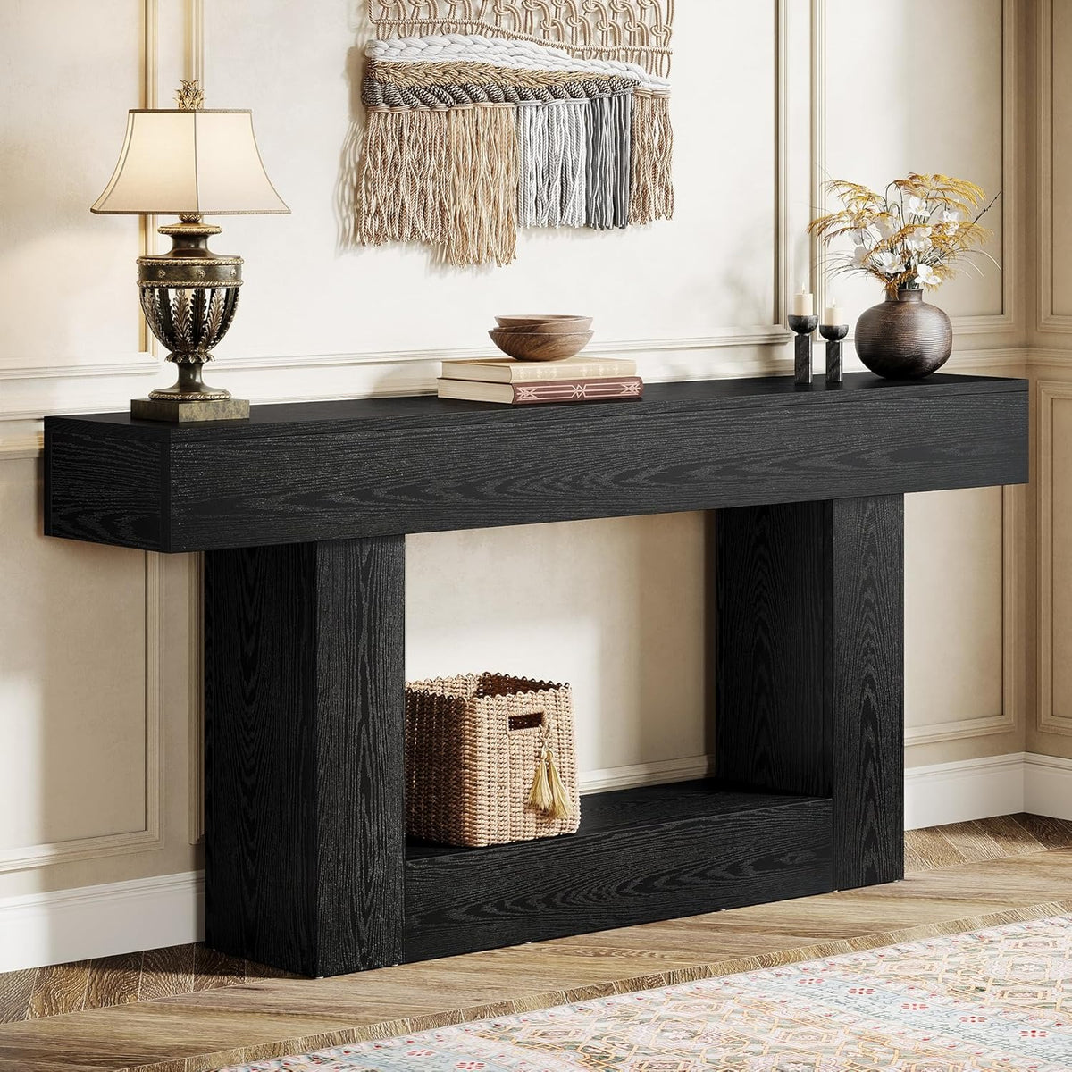 63" Console Table, Farmhouse 2-Tier Entryway Table with U-Shaped Base, Narrow Long Wood Sofa Table Behind Couch Table for Living Room, Hallway, Foyer, Black