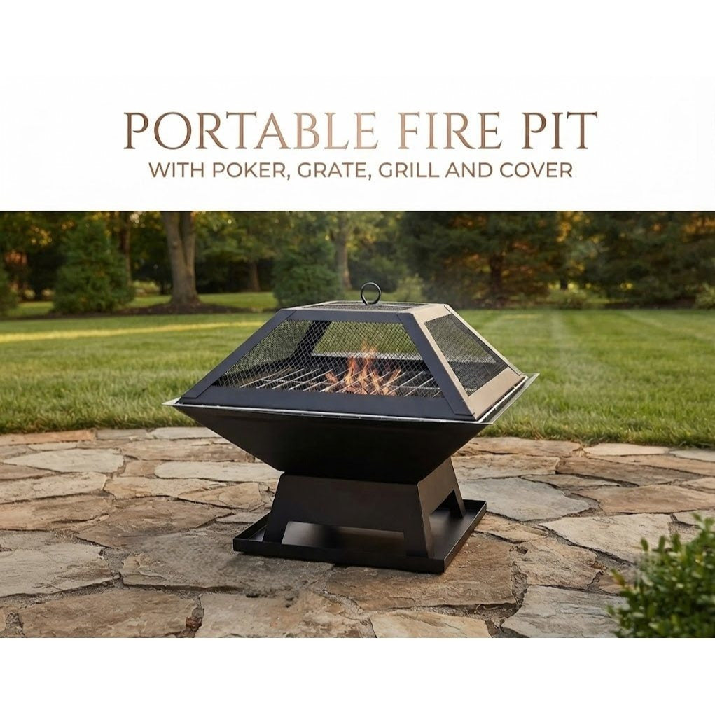Square Outdoor Fire Pits, Portable Fire Pit with Poker, Grate, Grill and Cover