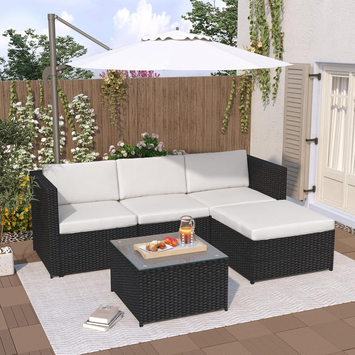 mcc direct 5pcs Large Rattan Garden Outdoor Furniture Patio Sofa Set with Glass Coffee Table Outdoor Cushions for Garden or Conservatory Rupert