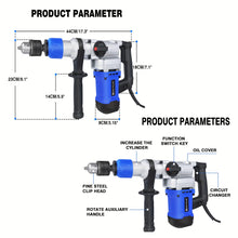 1500W Heavy Duty Rotary Hammer Drill, 3 Function, 4 Adjustable Speed And Adjustable Soft Grip Handle, Include 5 Drill Bits, Point And Flat Chisel with Case