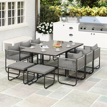 10 Seater Rattan Cube Garden Furniture Set, Rattan Dining Set with Cushions, Outdoor Dining Table and Chairs with 6 Armchairs, 4 Stools, Rectangular Wood Grain Plastic Top Table