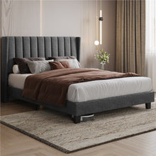 Costoffs Upholstered Bed Frame, Double/King Size Bed Frame, Platform Bed Frame with Channel Tufted Headboard, Upholstered Bed Frame with Wing Side, Mattress Foundation with Wooden Slat Support, Sturdy Wooden Slat Support, No Box Spring Needed, Beige/Dark