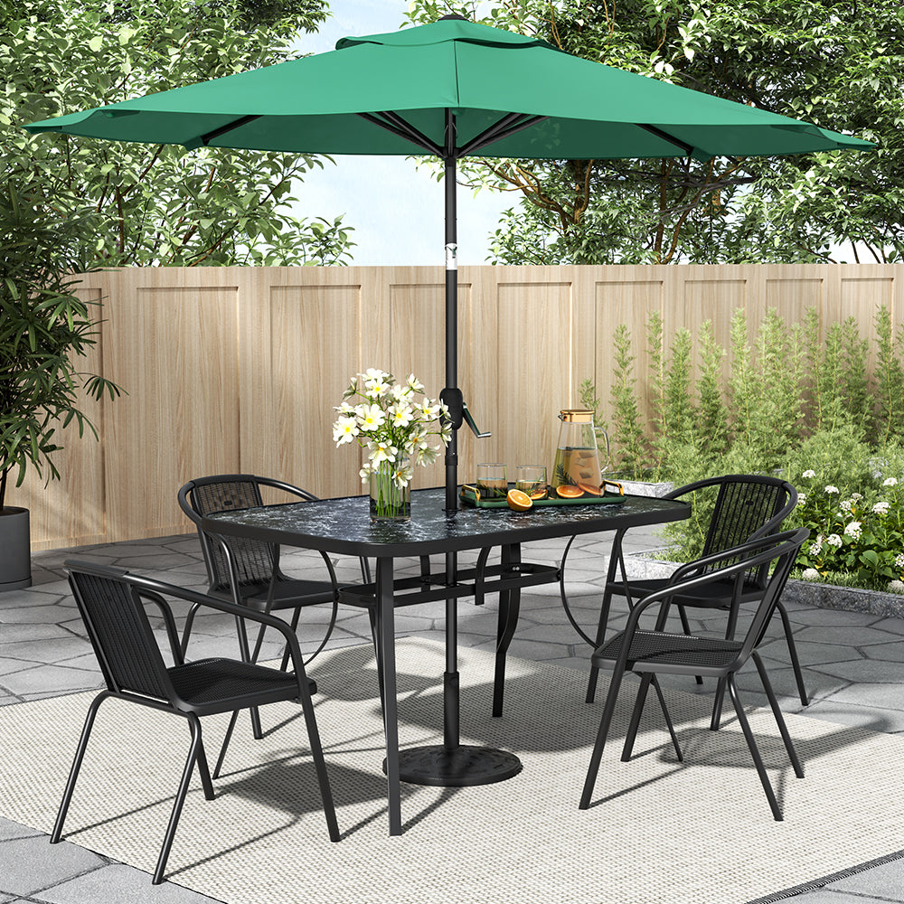 5pcs Garden Pub Table and Chair Set: 1 Table and 4 Chairs. Model A: 120 X 80 X 72 Cm Stone-effect Rectangular Table with Parasol Hole + 4 Black Plastic Rope-upholstered Stackable Chairs