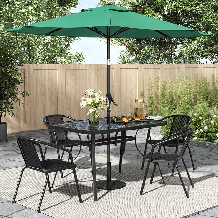 5pcs Garden Pub Table and Chair Set: 1 Table and 4 Chairs. Model A: 120 X 80 X 72 Cm Stone-effect Rectangular Table with Parasol Hole + 4 Black Plastic Rope-upholstered Stackable Chairs