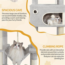 Scratching Post, 178cm Cat Tree with Large Platform, 2 Caves, 7 Scratching Posts, Pompoms, Loungers, Hammock, Suitable for All Cat Breeds, Light Grey