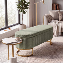 Upholstered Storage Bench with Flip Lid, Corduroy Fabric Padded Ottoman Footrest, Oval-shaped Bedroom End of Bed Bench Stool Footstool, Light Luxury Golden Metal Legs, Perfect for Bedroom, Hallway, Living Room (1pc )