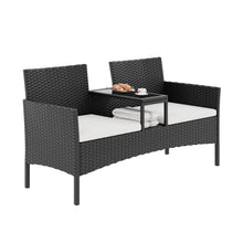 Nordivale 2-Seater Rattan Bistro Set with Built-in Glass Table, Outdoor Garden Love Seat with Cushions & Rain Cover – Black PE Wicker, Beige / Dark Grey / Navy / Light Grey