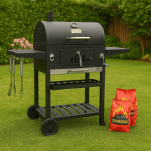 Campfire Outdoor XL Smoker Barbecue Charcoal Portable BBQ Grill, 2 Folding Side Table, Built-in Thermometer, Adjustable Charcoal Pan & Chimney, Wheels, Large Coal BBQ Smoker for Home Garden Cooking